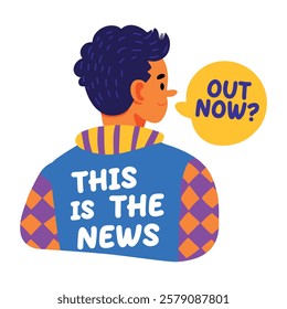 A flat sticker of a character saying out now