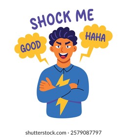 A flat sticker of a character with shock me typography 