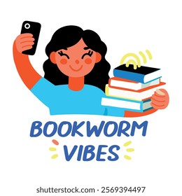 A flat sticker of a character taking selfie with books with bookworm vibes typography 