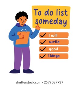 A flat sticker of a character with todo list someday typography 