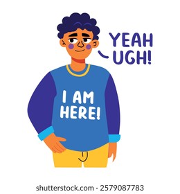 A flat sticker of a character with ugh yeah typography 