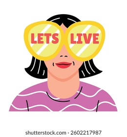 Flat sticker of a character wearing big glasses written lets live 