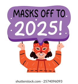 A flat sticker of a character wearing masquerade with masks off to 2025