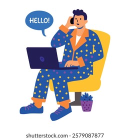 A flat sticker of a character working on a laptop say hello on a mobile call 