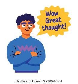 A flat sticker of a character with wow great thought typography 