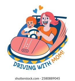 A flat sticker of a child driving car with his mom 
