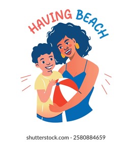 A flat sticker of a child having beach fun with mom 
