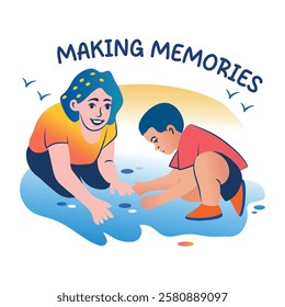 A flat sticker of a child and mom with making memories together 
