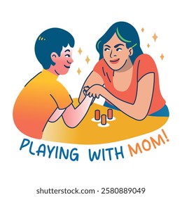 A flat sticker of a child playing activity with mom 
