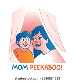 A flat sticker of a child playing hide and seek with her mom 
