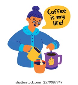 A flat sticker of a coffee lover character making coffee 