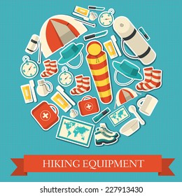 Flat sticker colorful vector tourist equipment set. Icons background concept design