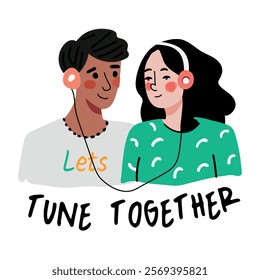 Flat sticker of a couple listening music with tune together typography