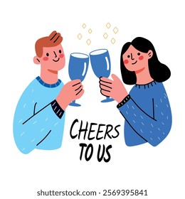 A flat sticker of a couple toast glasses of wine with the text cheers to us 