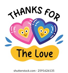 A flat sticker of cute hearts with thanks for the love typography