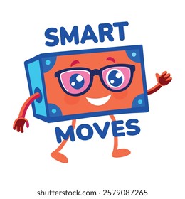 A flat sticker of a cute mascot wearing glasses with text smart moves 