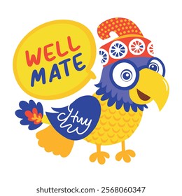 A flat sticker of a cute parrot with well mate text