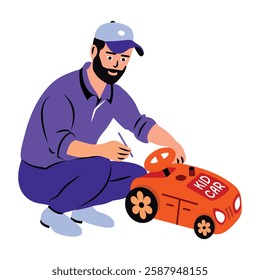 A flat sticker of dad fixing toy