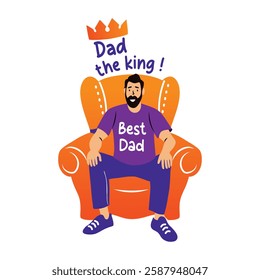 Flat sticker of dad king sitting on sofa wearing best dad shirt