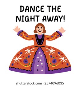 A flat sticker of a dancing girl with night away typography