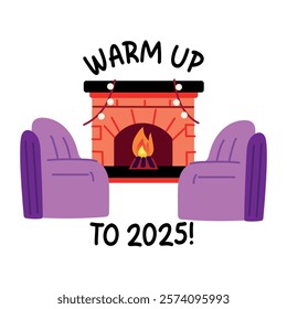 A flat sticker of a decorated fireplace with warm up typography