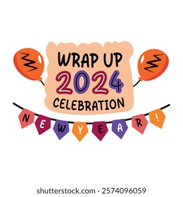 A flat sticker of decorative garland with wrap up 2024 typography