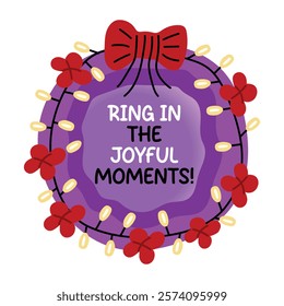 A flat sticker of decorative wreath with ring in the joyful moments typography