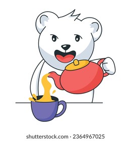 A flat sticker depicting bear having tea  