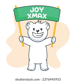 Flat sticker depicting bear holding xmas joy banner 
