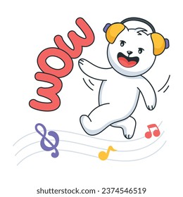 Etiqueta plana que representa a un oso lindo con auriculares de música 