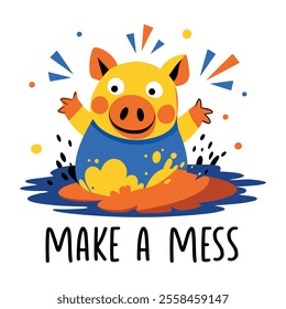 A flat sticker depicting dirty pig with make a mess text 
