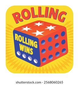 A flat sticker of a dice with rolling wins typography