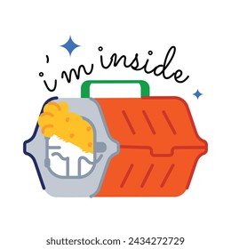 A flat sticker of dog crate with i am inside typography 