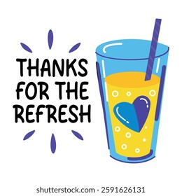A flat sticker of drink with thanks typography