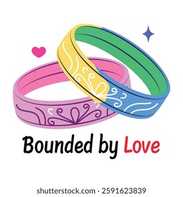 A flat sticker of engagement rings with bounded by love typography