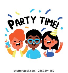 A flat sticker of excited characters with party time typography 