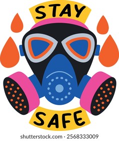 A flat sticker of a face mask with stay safe typography