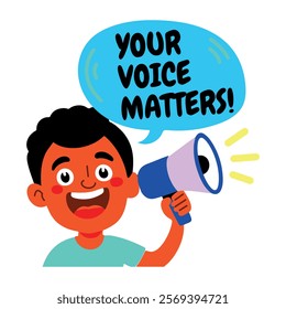 A flat sticker featuring a character making an announcement with voice matter typography