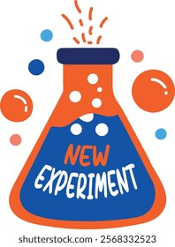A flat sticker of a flask with new experiment typography