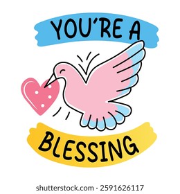 A flat sticker of flying bird with you are blessing typography