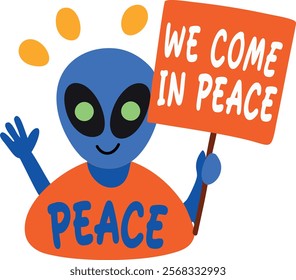 A flat sticker of friendly alien with peace typography