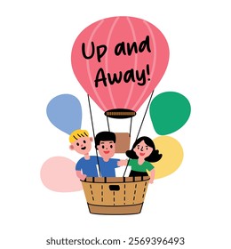 A flat sticker of friends enjoying in air balloon 