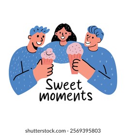 Flat sticker of friends enjoying ice cream together, capturing sweet moments 