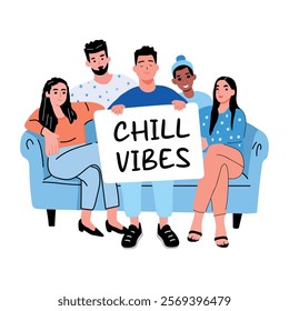 A flat sticker of friends sitting on a sofa with chill vibes board 