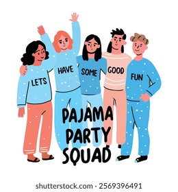 A flat sticker of friends squad with pajama party typography