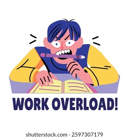 A flat sticker of a frustrated student with work overload typography 