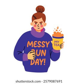 A flat sticker of a girl holding a teacup with messy day typography 