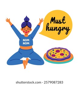 A flat sticker of a girl with pizza and saying must hungry 