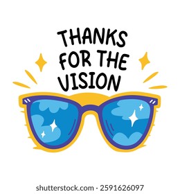 A flat sticker of glasses with thanks for the vision typography