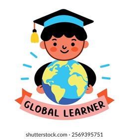 A flat sticker of a global learner wearing a graduation ap 